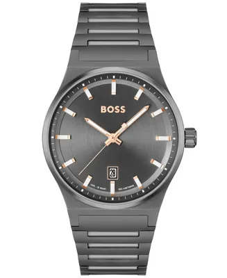 Boss Men's Candor Quartz Basic Calendar Ionic Plated Gray Steel Watch 41mm