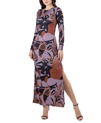 24seven Comfort Apparel Women's Floral Print Long Sleeve Side Slit Maxi Dress
