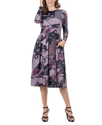 24seven Comfort Apparel Women's Floral Long Sleeve Pleated Pocket Midi Dress