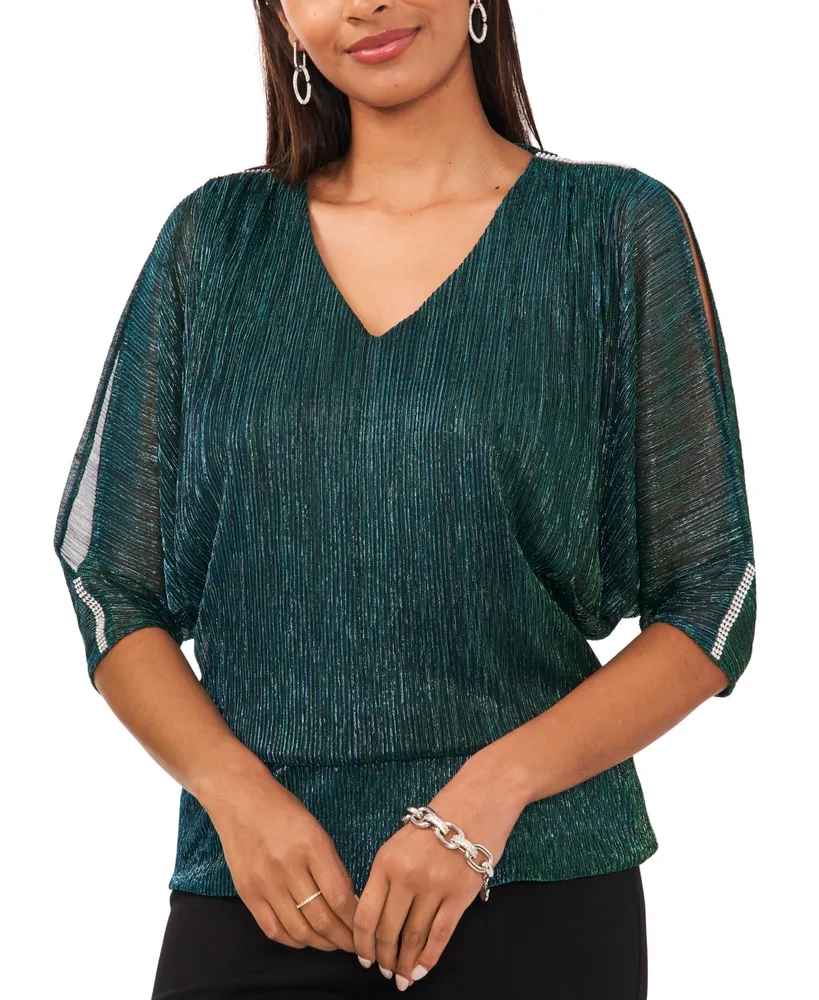 Msk Women's Metallic Blouson Split-Sleeve Blouse