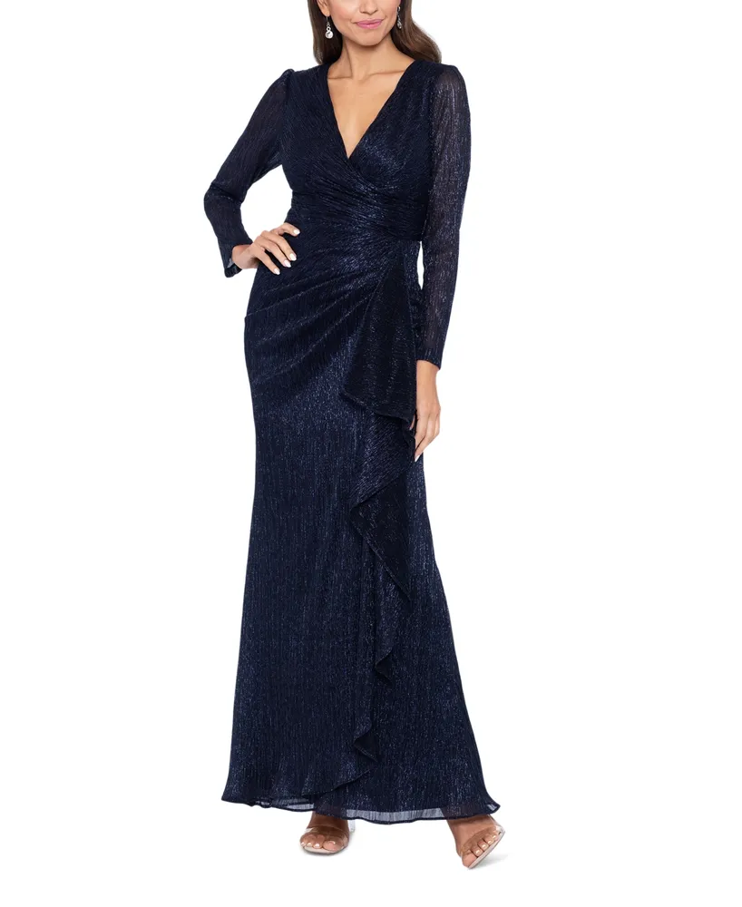 Betsy & Adam Petite Metallic-Knit Long-Sleeve Gown