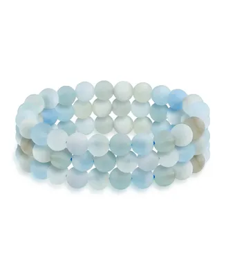 Bling Jewelry Set Of 3 Matte Light Blue Agate Translucent Gemstone Round Bead Ball 8MM Stacking Stretch Bracelet For Women Men Teen Unisex