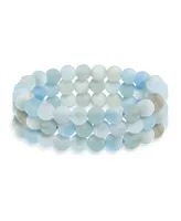 Bling Jewelry Set Of 3 Matte Light Blue Agate Translucent Gemstone Round Bead Ball 8MM Stacking Stretch Bracelet For Women Men Teen Unisex