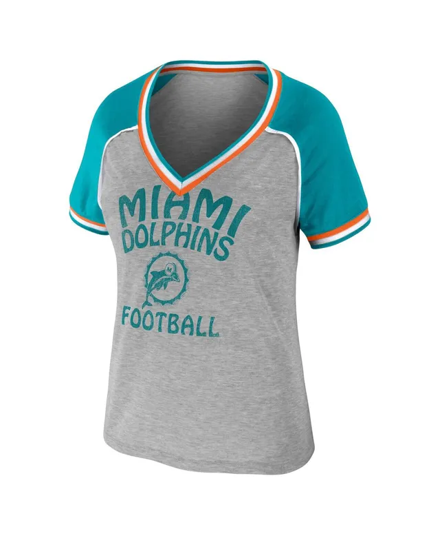 Women's Wear by Erin Andrews Heather Gray Miami Dolphins Cropped Raglan Throwback V-Neck T-Shirt Size: Extra Large