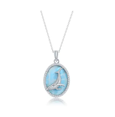 Sterling Silver Larimar w/ Center Whale and Cz Outline Oval Necklace