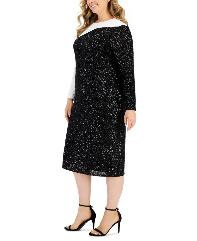 Anne Klein Plus Sequined Colorblocked Long-Sleeve Dress