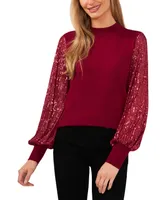 CeCe Women's Sheer-Sequin-Sleeve Mock-Neck Cotton Sweater