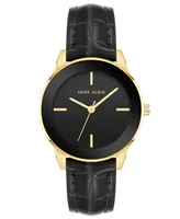 Anne Klein Women's Three Hand Quartz Round Black Polyurethane Faux Leather Band Watch, 33mm - Black-Gold