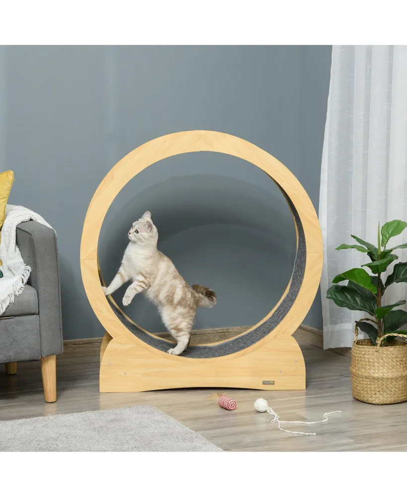 PawHut Cat Running Wheel Cat Tree with Carpet Runway Cat Exercise Wheel with Brake Cat Tower Pet Furniture for Kittens Natural