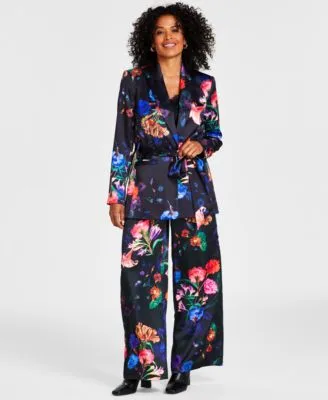 I.N.C. International Concepts Womens Floral Print Tie Waist Satin Blazer Lace Trimmed Camisole Top Printed Wide Leg Satin Pants Created For Macys