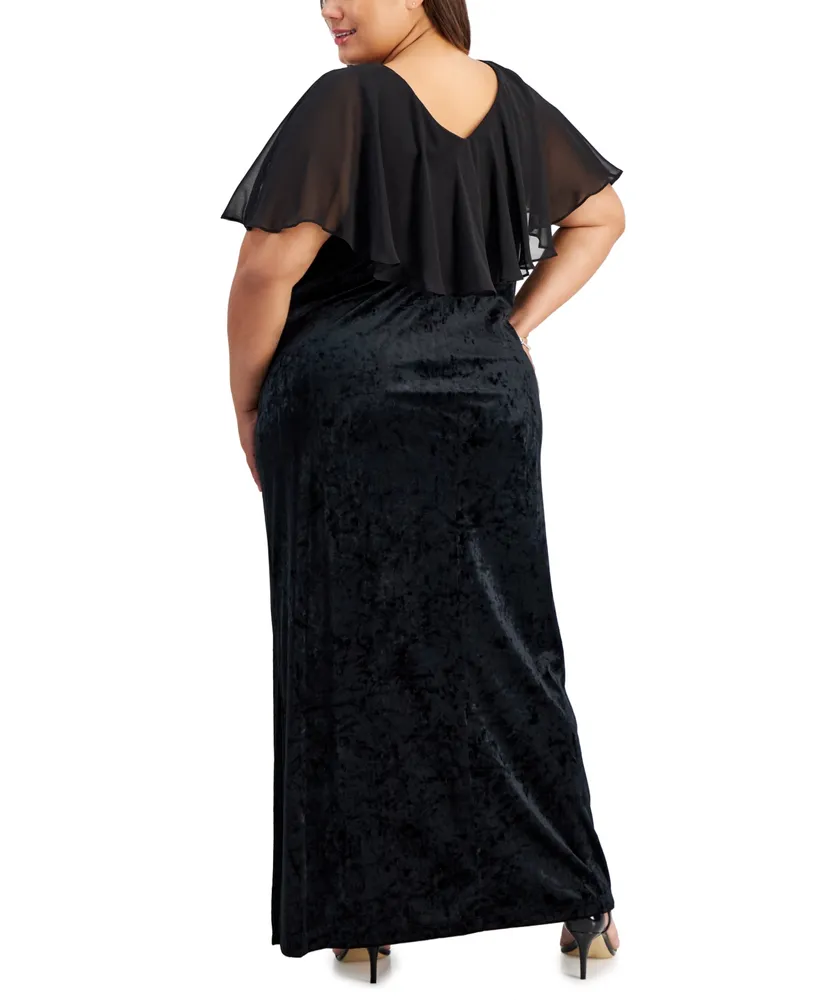 Connected Plus Size V-Neck Velvet Side-Slit Cape Dress