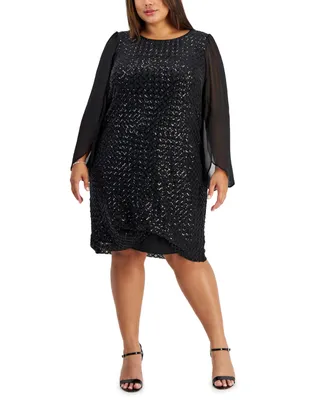 Connected Plus Size Round-Neck Cape-Sleeve Sequin Sheath Dress