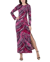 24seven Comfort Apparel Women's Print Long Sleeve Side Slit Maxi Dress