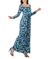 24seven Comfort Apparel Women's Abstract Long Sleeve Pleated Maxi Dress