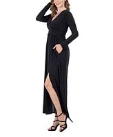 24seven Comfort Apparel Women's Long Sleeve V-neck Side Slit Maxi Dress