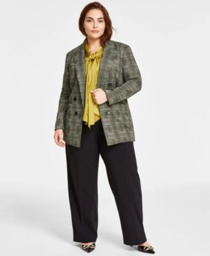 Bar Iii Plus Size Plaid Faux Double Breasted Boyfriend Jacket Satin Bow Blouse Pleat Front Wide Leg Pants Created For Macys