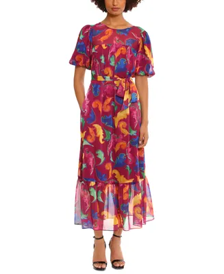 Donna Morgan Women's Puff-Sleeve Tie-Belt Printed Dress