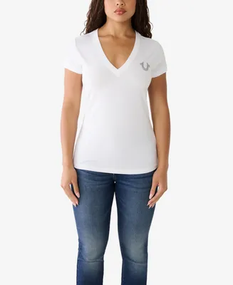 True Religion Women's Short Sleeve Diamond V-neck T-shirt