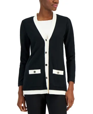 Anne Klein Petite Long-Sleeve Contrast-Trim Button-Down Cardigan Sweater