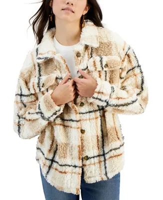 Crave Fame Juniors' Plaid Button-Front Faux-Sherpa Shacket