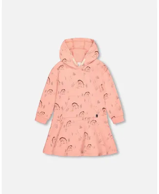 Girl Hooded French Terry Dress Salmon Pink Deer Print