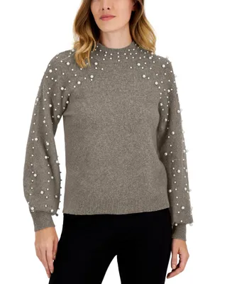 Jpr Studio Women's Imitation Pearl Mock-Neck Blouson-Sleeve Sweater