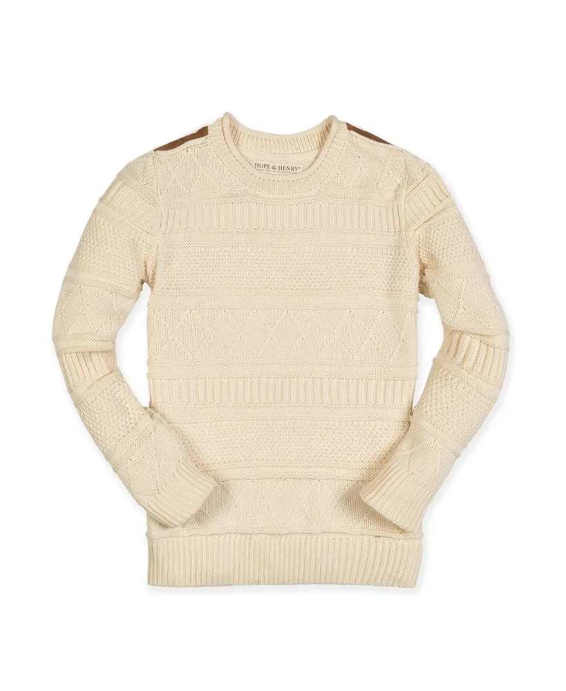 Hope & Henry Baby Boys Organic Crew Neck Cable Sweater with Suede Detail