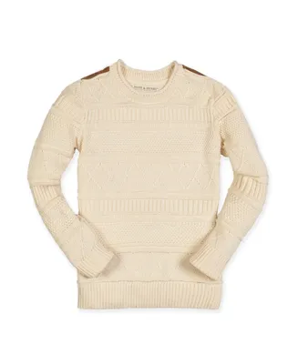 Hope & Henry Boys Organic Crew Neck Cable Sweater with Suede Detail