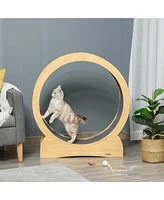 PawHut Cat Running Wheel Cat Tree with Carpet Runway Cat Exercise Wheel with Brake Cat Tower Pet Furniture for Kittens Natural