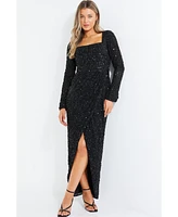 Quiz Women's Long Sleeve Sequin Wrap Evening Dress