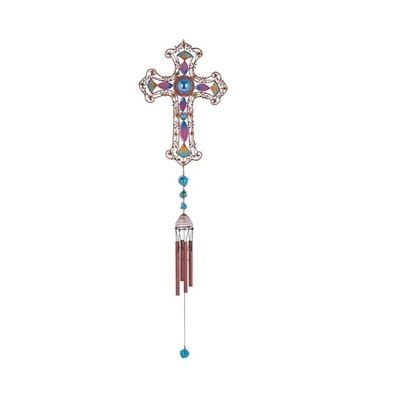 35" Long Purple Cross Wind Chime with Copper Gem