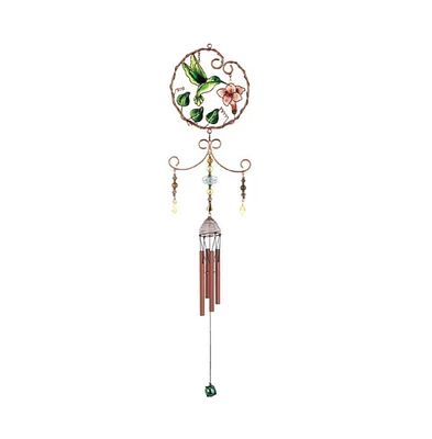 33" Long Green Hummingbird with Pink Flower Copper and Gem Wind Chime