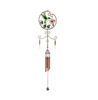 33" Long Green Hummingbird with Pink Flower Copper and Gem Wind Chime