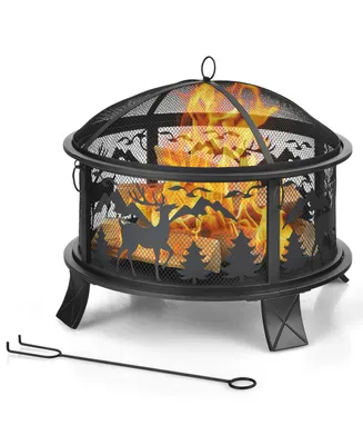 26" Outdoor Fire Pit Wood Burning Metal Firepit Bowl with Spark Screen Poker