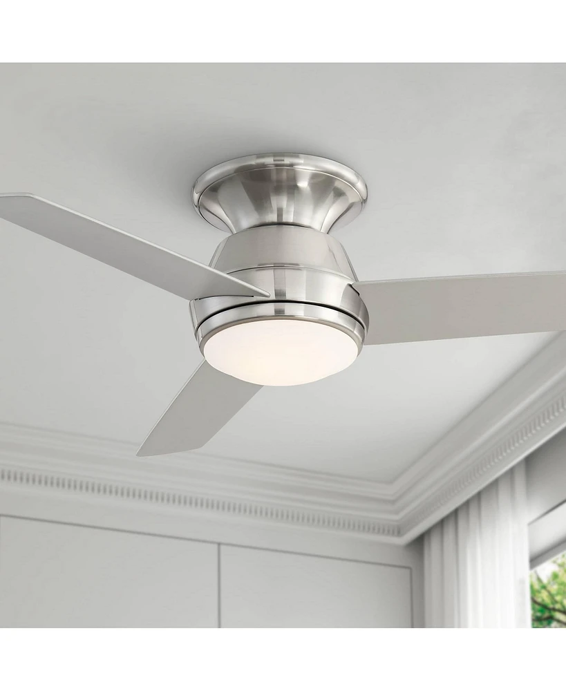 Casa Vieja 44" Marbella Breeze Modern Low Profile Hugger Indoor Ceiling Fan with Light Led Remote Control Brushed Nickel Opal Glass for House Bedroom