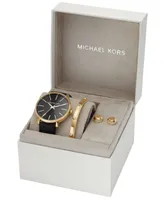 Michael Kors Women's Pyper Three-Hand Black Leather Watch 38mm and Jewelry Gift Set