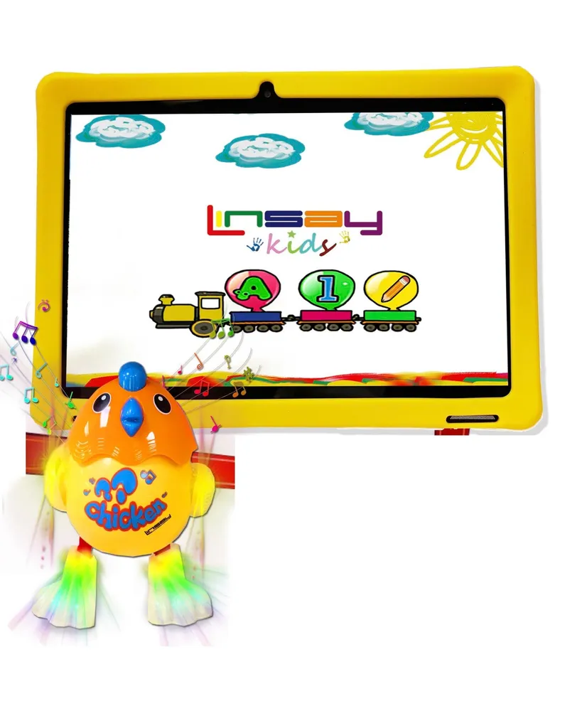 Linsay New 10.1" Funny Kids Tablet Octa Core 128GB Bundle with Yellow Kids Defender Case and Smart Chicken Toy Newest Android 13