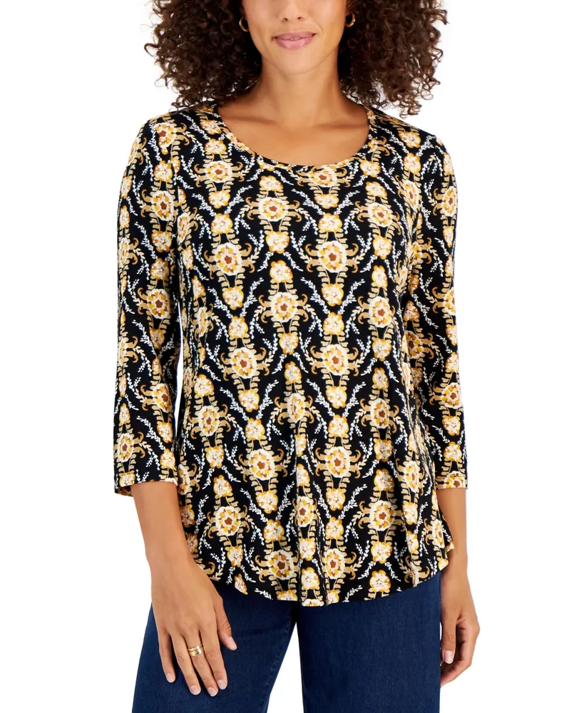 Jm Collection Women's Medallion-Print 3/4-Sleeve Top, Created for Macy's