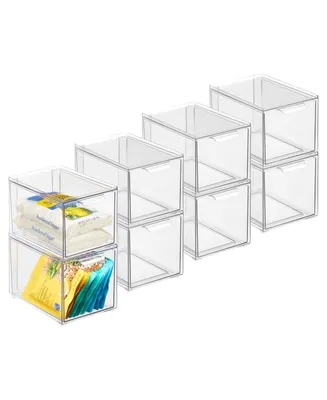 mDesign Plastic Stackable Kitchen Pantry Organizer with Drawer - 8 Pack - Clear