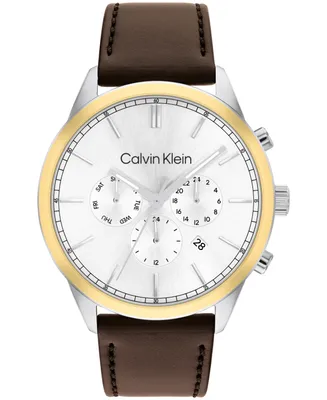 Calvin Klein Men's Multi-Function Brown Leather Strap Watch 44mm