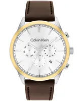 Calvin Klein Men's Multi-Function Brown Leather Strap Watch 44mm