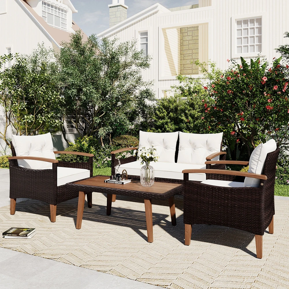Simplie Fun 4-Piece Garden Furniture, Patio Seating Set, Pe Rattan Outdoor Sofa Set, Wood Table And Legs
