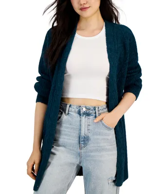 Hooked Up by Iot Juniors' Fisherman-Knit Open-Front Long Cardigan