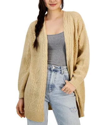 Hooked Up by Iot Juniors' Fisherman-Knit Open-Front Long Cardigan