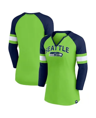 Women's Fanatics Neon Green, College Navy Seattle Seahawks Arch Raglan 3/4-Sleeve Notch Neck T-shirt