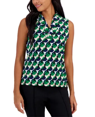 Anne Klein Petite Printed Triple-Pleated V-Neck Top