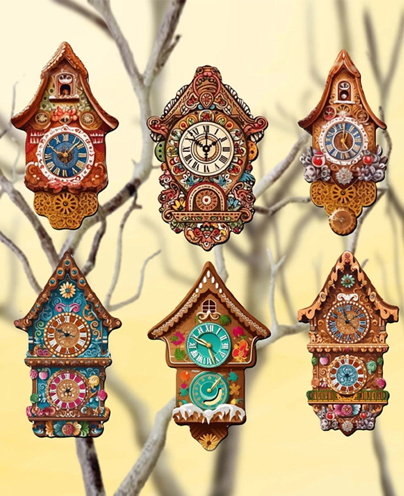 Designocracy Miniature Clock Christmas Wooden Clip-On Ornaments Set of 6 G. DeBrekht