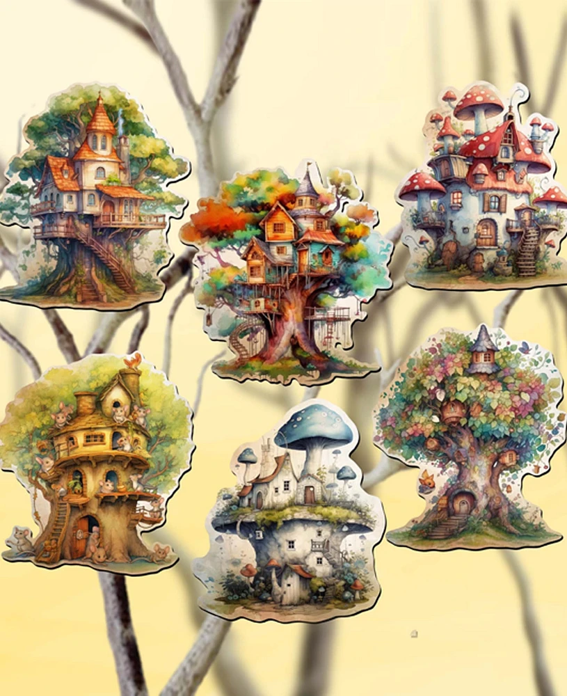 Designocracy Holiday Wooden Clip-On Ornaments Tree House Set of 6 G. DeBrekht