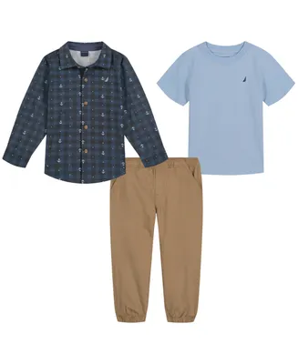 Nautica Baby Boys T-shirt, Long Sleeves Printed Poplin Shirt and Twill Joggers, 3 Piece Set