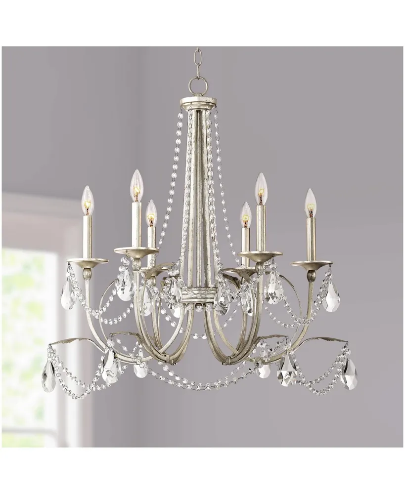 Regency Hill Strand Silver Leaf Chandelier Lighting 28" Wide Rustic Beaded Crystal Candle 6